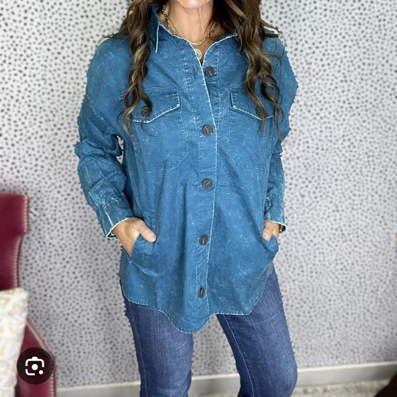 Zenana Outfitters Jackets & Blazers - Zenana XL Blue Mineral Button-Up Jacket EUC PTP 26 Length 27